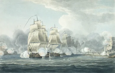 1807年2月19日、FTダックワース卿の指揮下にある戦隊。1807年2月19日、T。サザーランドがJ.ラルフ著「英国の海軍年代学」のために彫刻した、publi